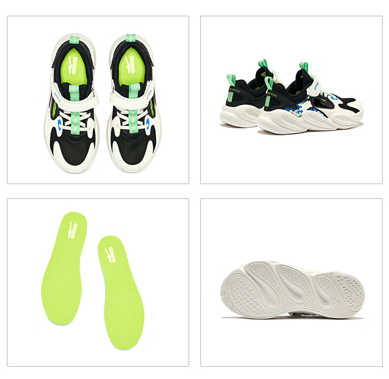 ERKE Children's Shoes, Boys' Velcro Casual Shoes, Kids' Summer Hollow Sandals, Black/micro-Crystal White/Lime Green, Size 36 31