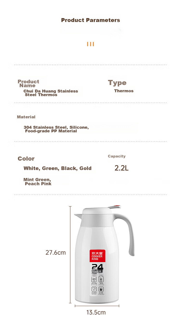 COOKER KING Insulated Bottle, 2.2L, 304 Stainless Steel Inner Liner, Hot Water Bottle, Household Thermos, Warm Water Jug [Elegant White] 14