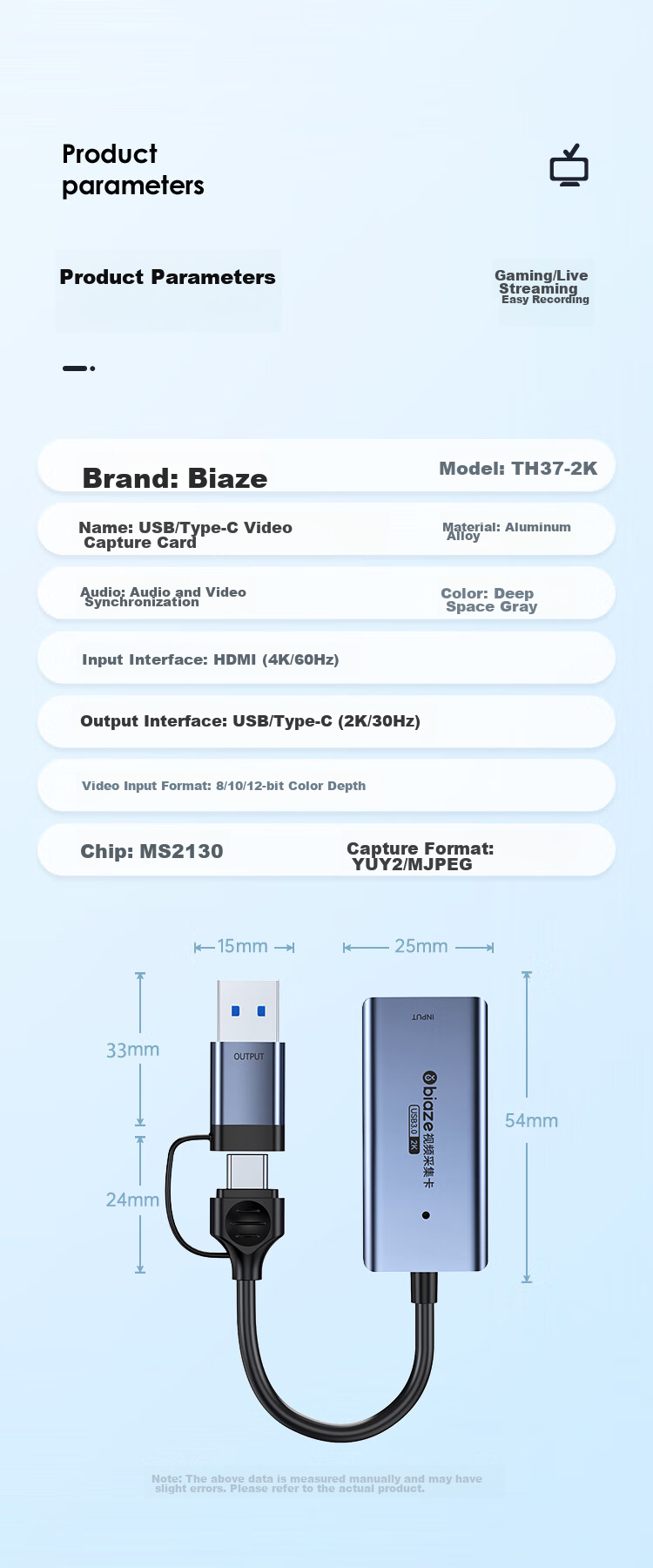 BIAZE HDMI Video Capture Card, 4K Input, Compatible with Switch/PS5, Laptops, Smartphones, Cameras, Douyin Live Streaming, USB3.0/Type-C Recording Box, 2K 14