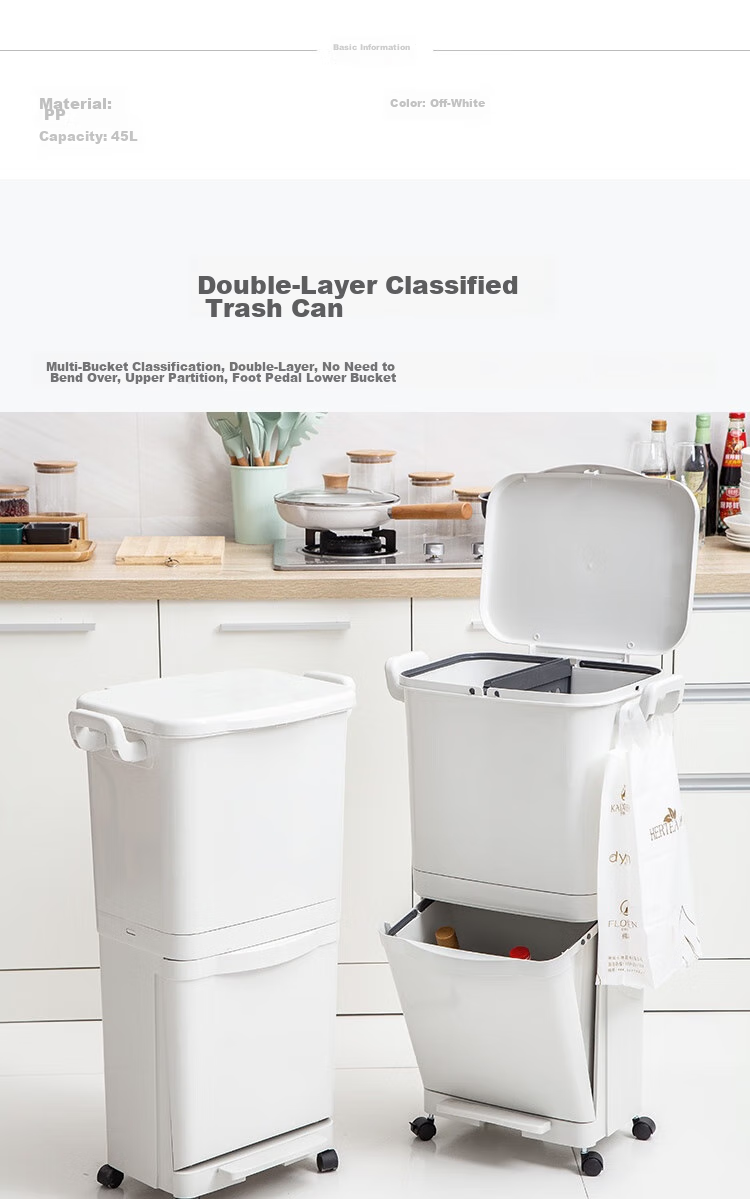 JD Original Japanese-Style Classified Trash Can, Double-Layer for Home Living Room And Kitchen, with Lid And Wheels, Movable 45L 2