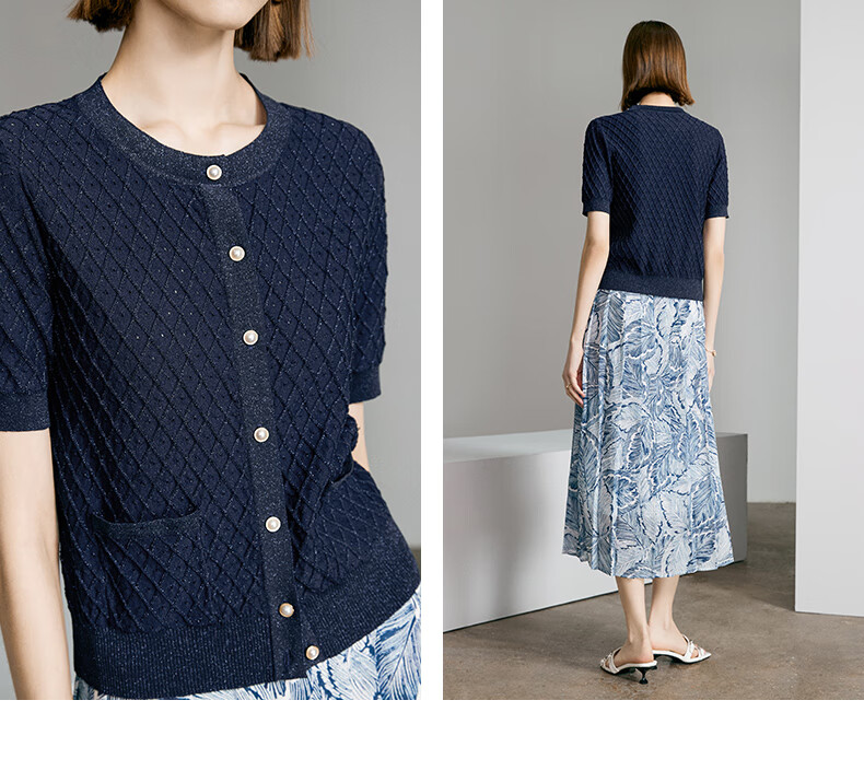 YANYEE Black Crew Neck Knit Top Women 2024 Summer Casual Simple Versatile Shiny Short Sleeve Shirt Dark Blue XXL/44 11