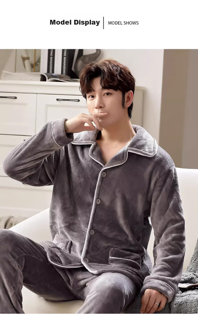LangSha Men's Pajamas, Winter Flannel Lined Thickened Wearable Loungewear, Two-Piece Set, Warm Outfit 19