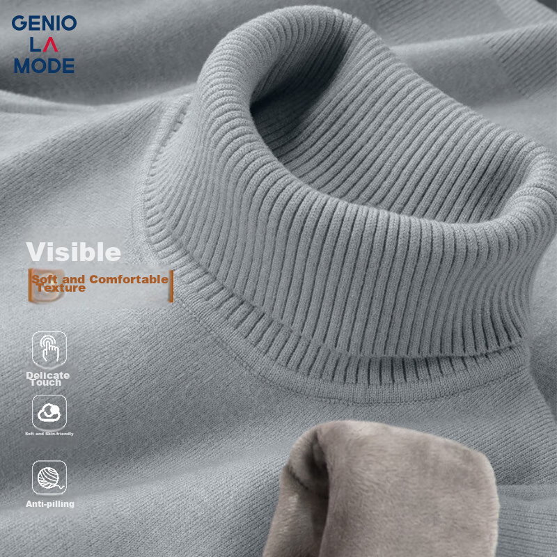 GENIOLAMODE Men's Turtleneck Sweater, Winter Fleece-Lined Thick Warm Inner Layer Knitted Base Shirt Clothing, Light Gray, 2XL