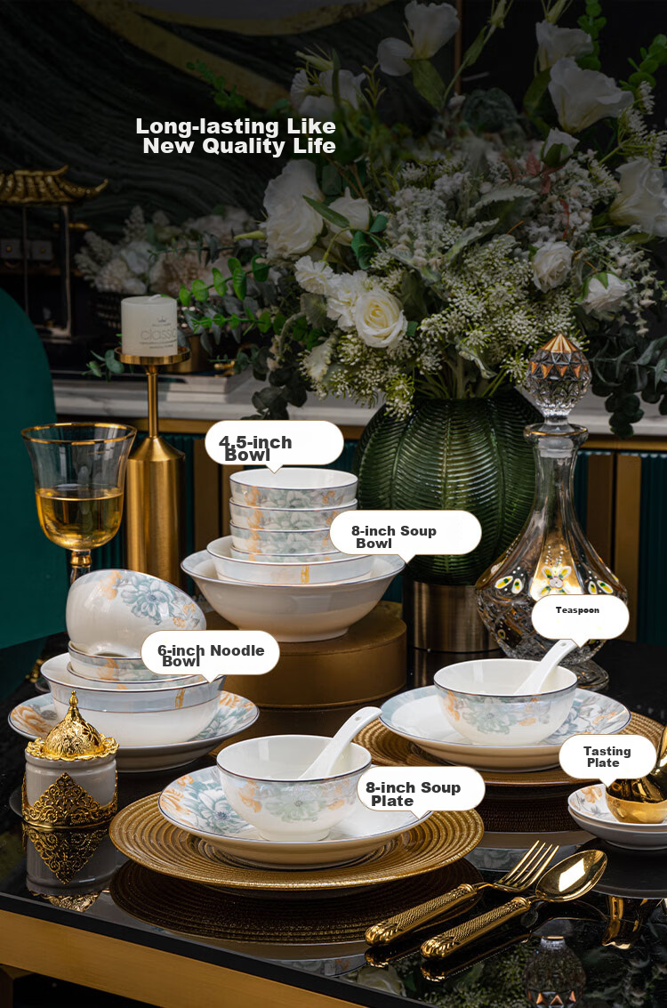 JD Original Bowl And Plate Tableware Set, Ceramic Dinnerware Gift Box for Housewarming, Yilan Youmeng 48-Piece 12