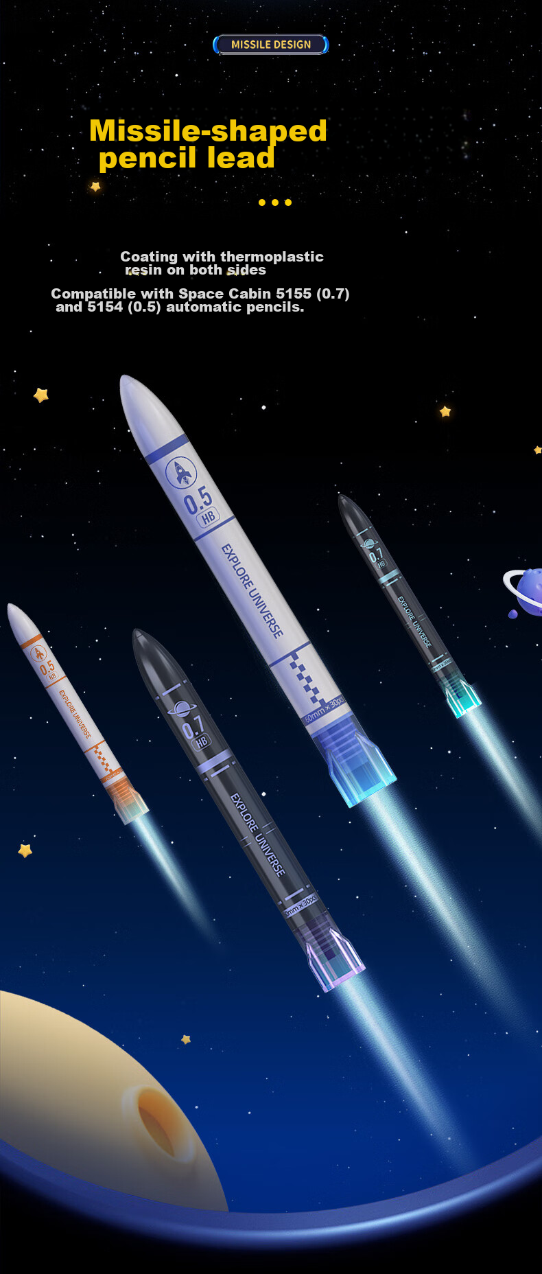 Dianshi Automatic Pencil with Space Capsule Design, Push-Button Mechanical Pencil for Children's Drawing And Elementary School Students, Back-To Season, 0.7mm (Blue Barrel), 1 Pencil + 1 Box of Lead Refills 6
