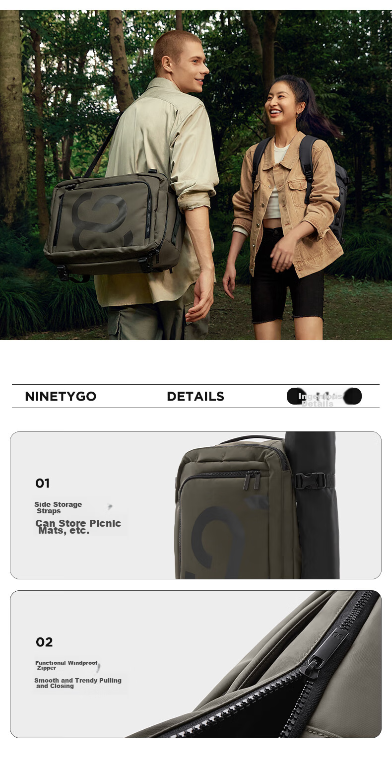 90Fen Outdoor Backpack, Large Capacity Travel Bag for Men And Women, Sports Backpack with Hand-Held And Crossbody Options, Coffee Color 9