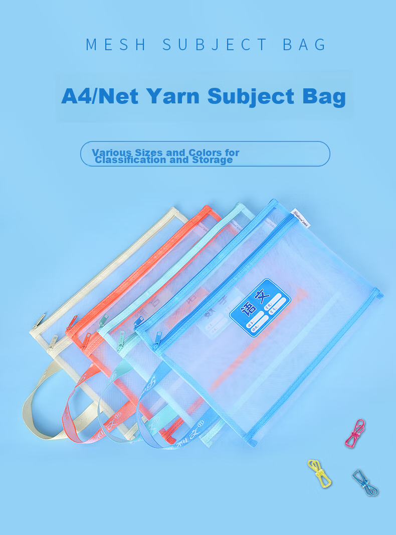 Bailiwen F6456 Double-Layer Mesh Subject Pouches, Set of 4, Subject Classification Storage Bags, A4 Size, Elementary School Students' Mesh Zipper Bags, Subject Pouches, Handheld Document Bags, Study Supplies Bookbags, Stationery Bags 1