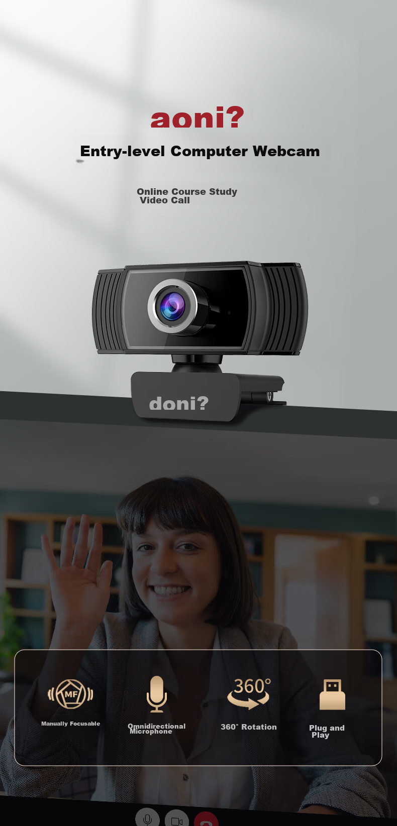 Aoni Computer Webcam, High-Definition with Microphone, Video Chat, Conference, Exam, Online Class, Home Desktop Laptop USB Interface Plug-And C5Pro 2