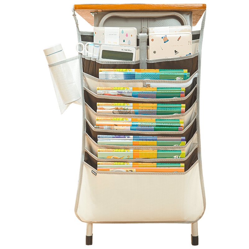 Jindeli 9-Tier 16-Grid Desk Hanging Book Bag, Storage Pouch, Large Capacity Side Storage Bag for Middle And High School Students, Book Hanging Organizer, Beige DC1931