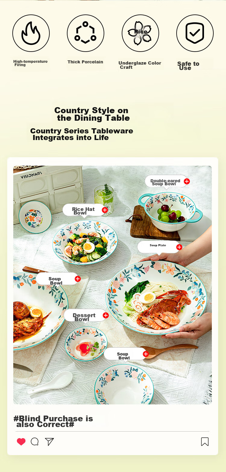 JD Original American-Style Tableware Set, Plates And Dishes for Housewarming, Ceramic Soup Bowls, Pastoral Series, 8.75 Inches * 2 3