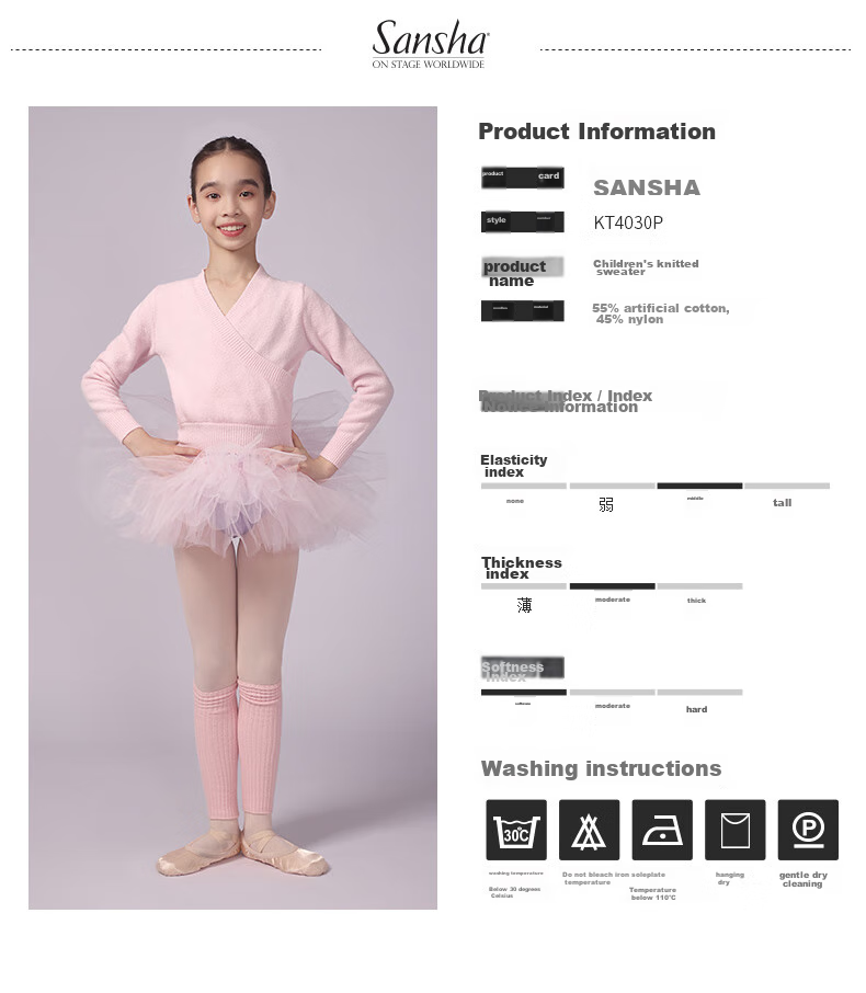 Sansha Children's Dance Warm-Up Top for Girls, Knitted Practice Ballet Dance Costume KT4030, Pink, S-M 2
