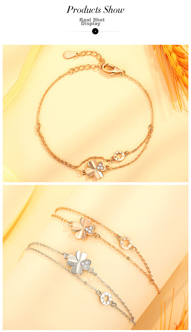 Grace Girl Four-Leaf Clover Bracelet for Women with Rose Gold Beads Jewelry, Practical Anniversary Birthday Gift for Girlfriend Or Wife 4