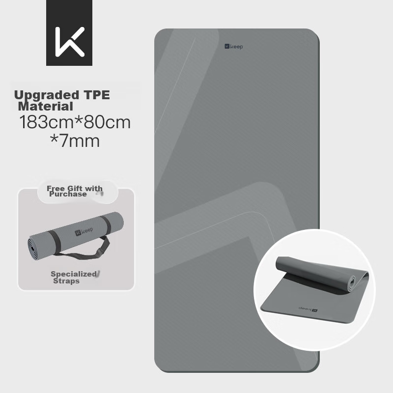 Коврик для йоги и фитнеса Keep, 183x80 см, толщина 7 мм, TPE, нескользящий, звукопоглощающий, серый