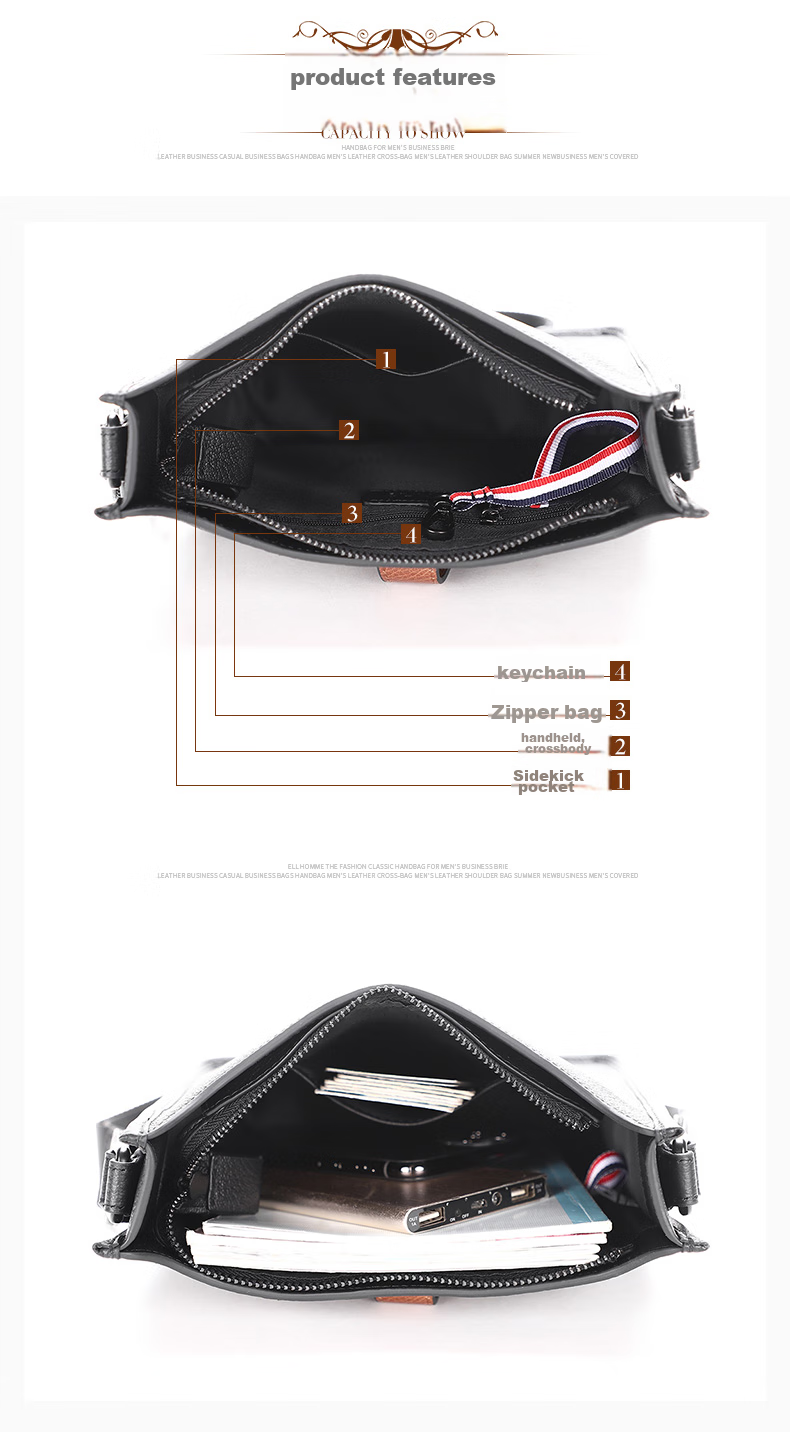 ELLE HOMME Men's Crossbody Bag, Fashionable Top-Grain Leather Shoulder Bag, Business Casual Phone Bag for Men EA188211440 Black Birthday Gift for Boyfriend 5