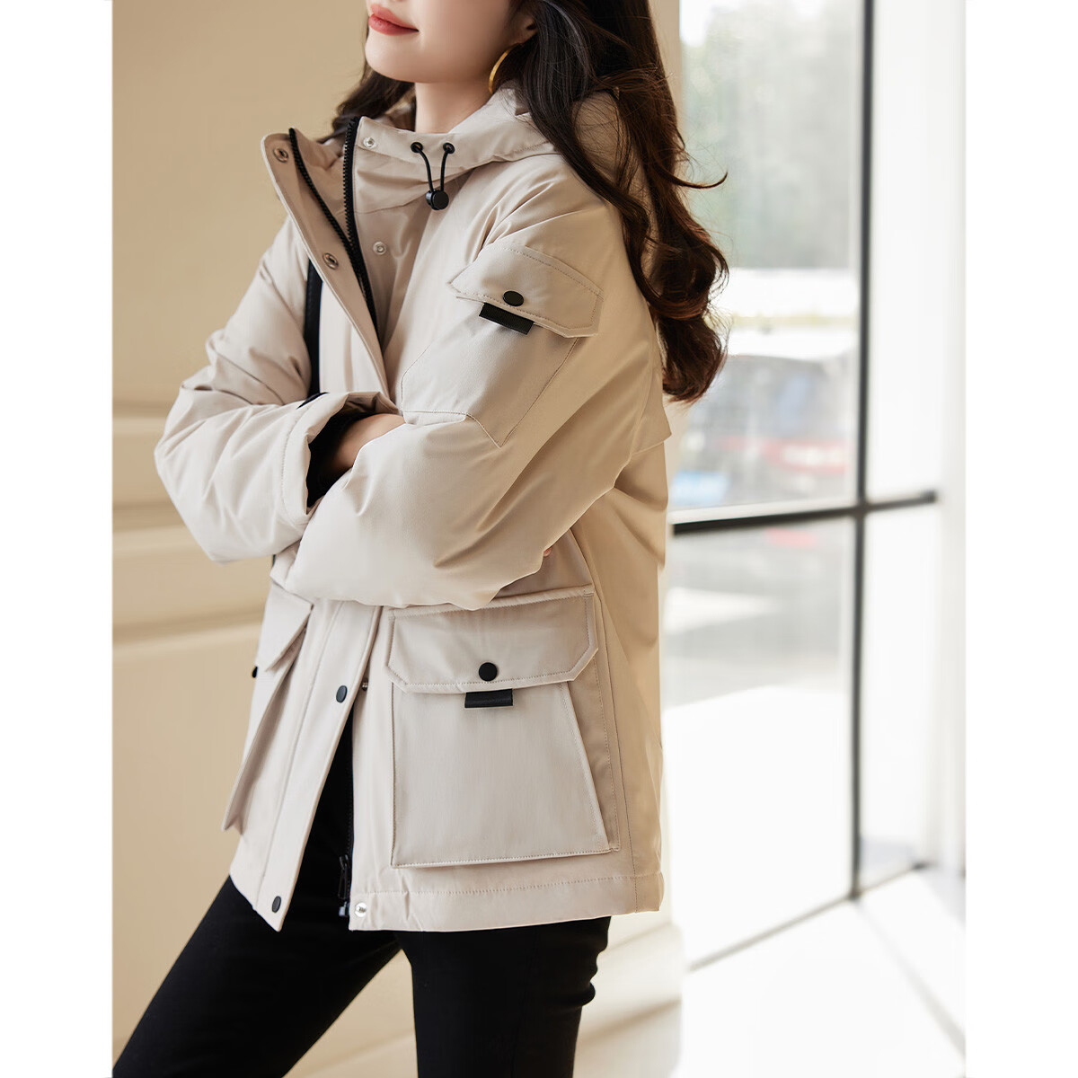 Dme [Sanfang Black Technology] Winter Warmth 90% Duck Down Hooded Adjustable Cuff Velcro Down Jacket Coat