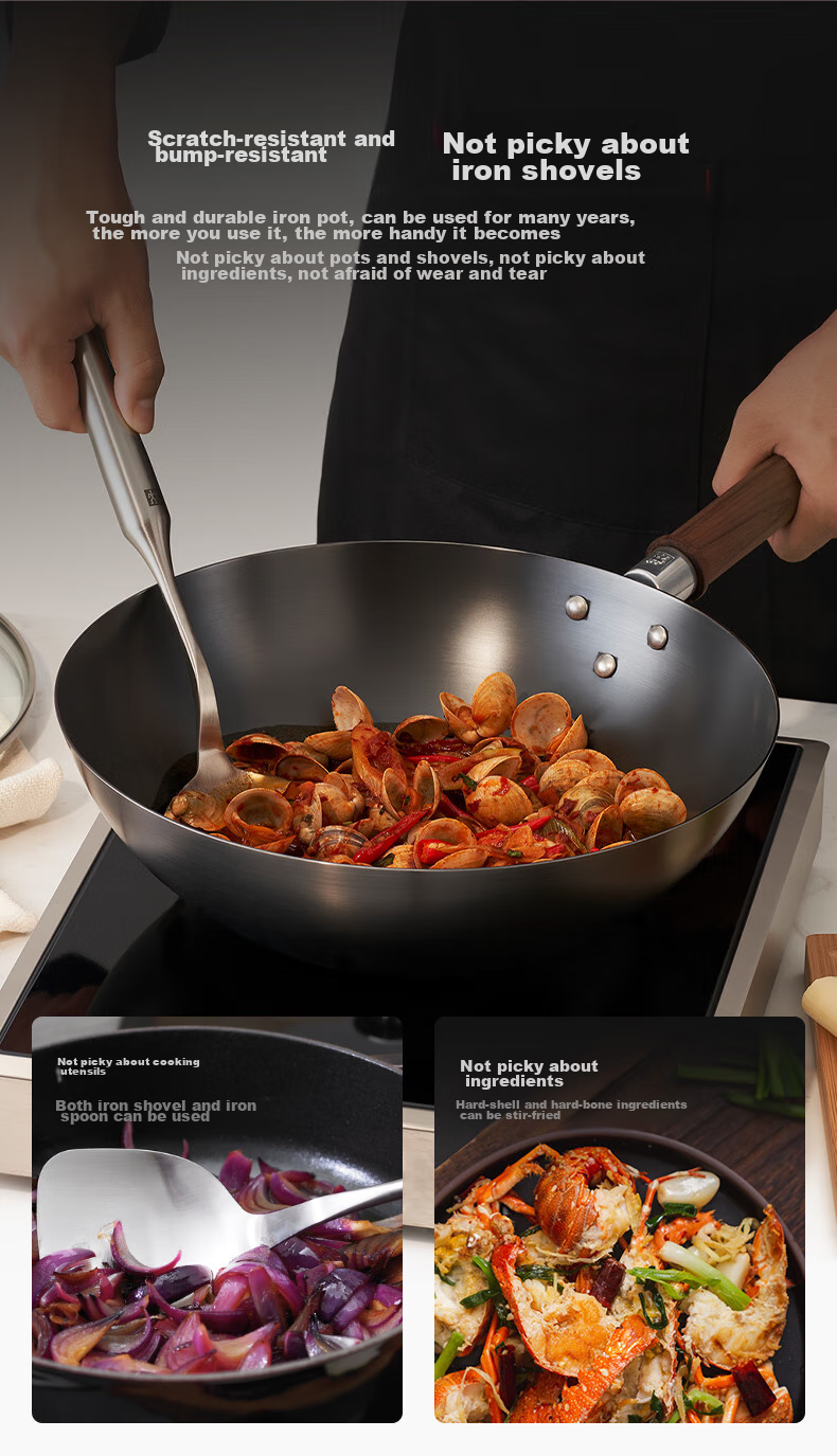 ZWILLING Iron Wok Stir-Fry Pan Flat Bottom Non-Coated Chinese-Style Compatible with Induction And Gas Stoves Dragon Iron Wok Dragon32cm 8