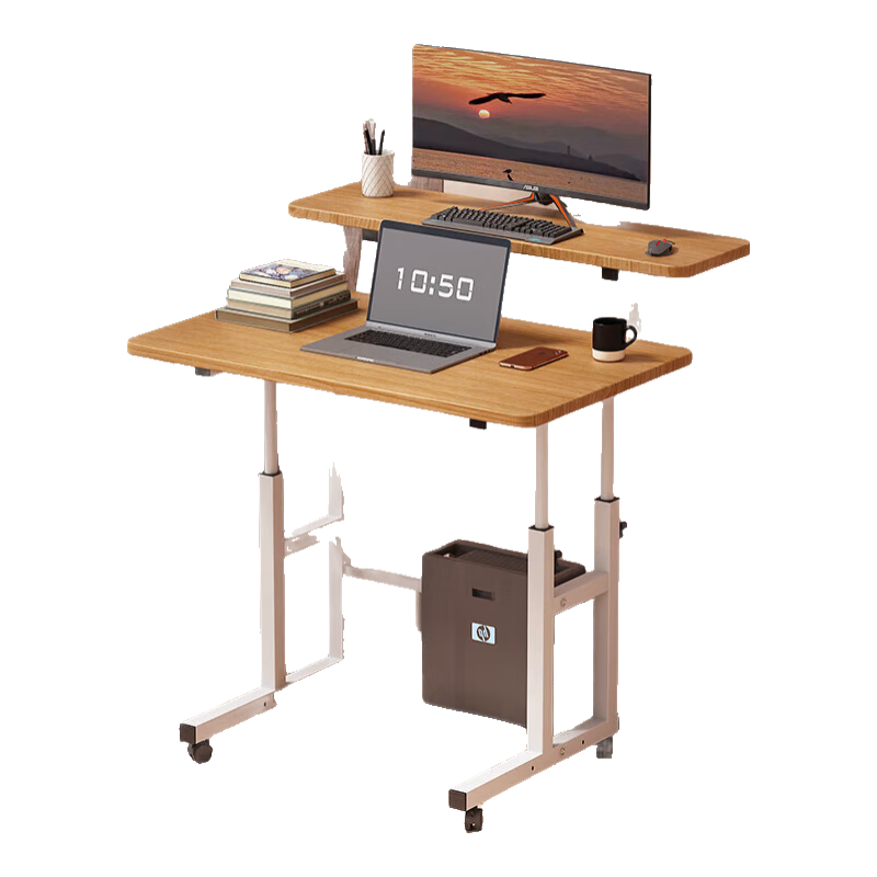 Anerya Mobile Laptop Desk with Wheels, Lazy Height-Adjustable Study Table, Bedside Small Desk, Light Walnut Color