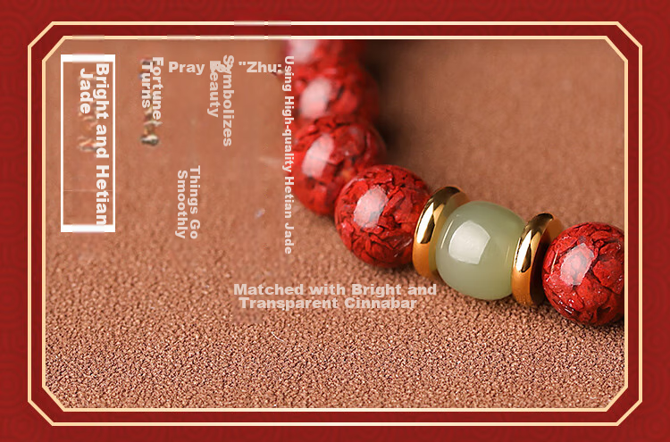 Doukou Shiguang Original Ore Translucent Crystal Cinnabar Bracelet, High-Content Zodiac Year Hetian Jade Fortune-Turning Bead Bracelet for Men And Women, 6mm 13