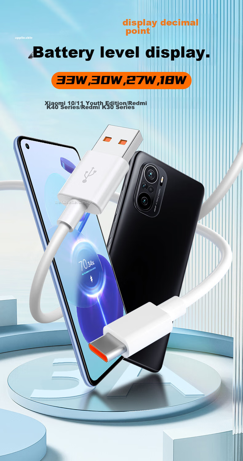 Chaofan Compatible with Xiaomi Data Cable, 33W Fast Charging Type-C Charging Cable, 3A Redmi K30, K30s, 10x, K40, Note9 Pro, Xiaomi 10s, 11 Youth Flash Charging Cable 1