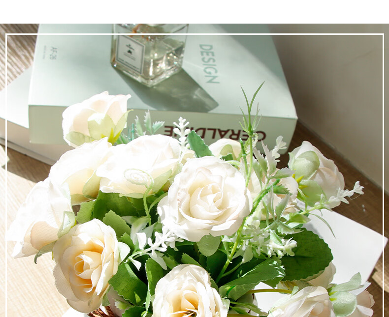 Shengshitaibao Artificial Flower Bouquet, Silk Flowers, Decorative Flowers, Ceramic Small Vase, Floral Arrangement, Living Room Decoration Ornament, White Rose 12