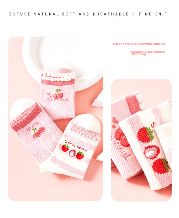 Nanjiren Children's Socks, Girls' Socks, Cotton Mid-Calf Socks, All-Season Socks for Older Children, 5 Pairs Pack, Small Heart Pattern, Size L 16