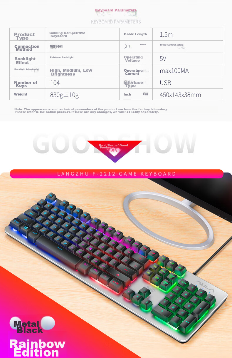 AULA T101 Mechanical Feel Keyboard And Mouse Set, Wired 104-Key Keyboard And Mouse Combo, Gaming And Office Computer Keyboard Mixed Light Eating Chicken Set, Metal Panel Silver White 3