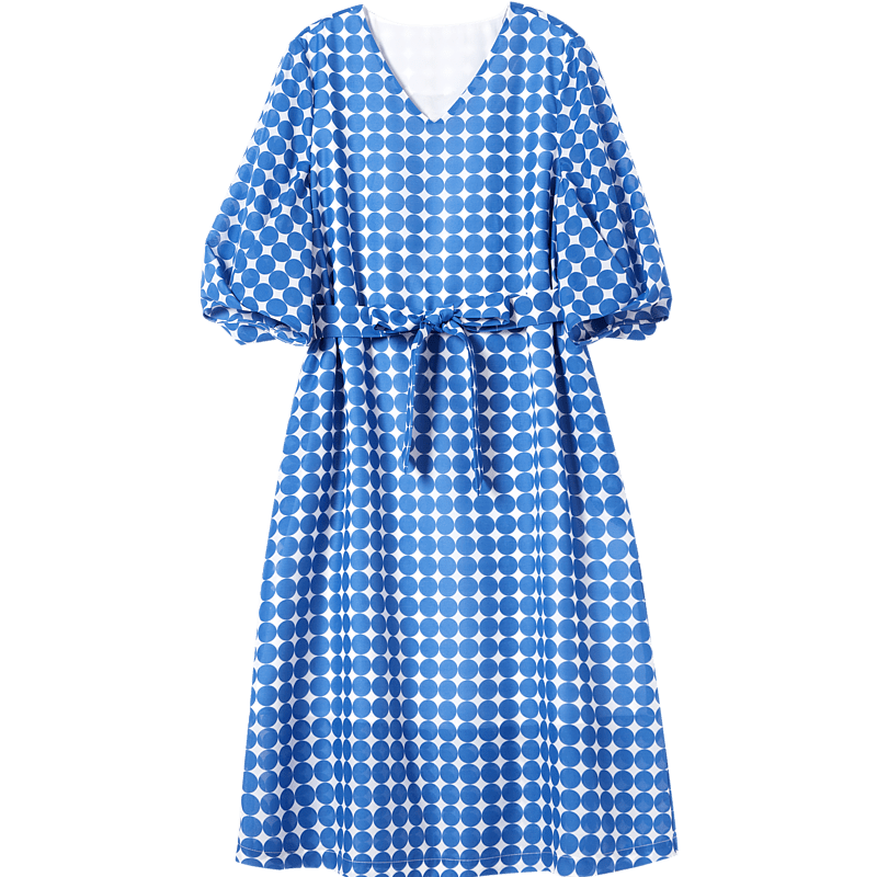 Dme Commuting Polka Dot Vintage Dress Summer V-Neck Lantern Sleeve Chiffon Mid-Length Dress for Women