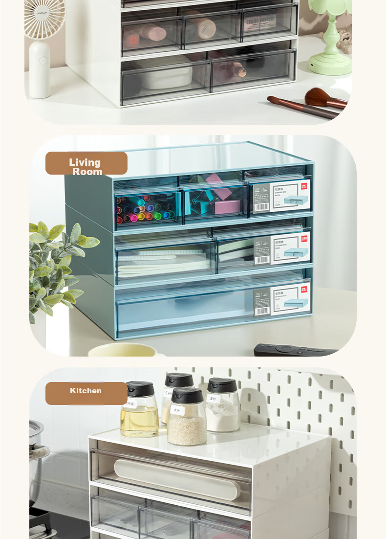 Deli Three-Compartment Desktop Storage Box with Drawer, Office Desk Organizer for Stationery And Document Sorting, Multi-Layer Storage Container, Dustproof Box, White PK106 10