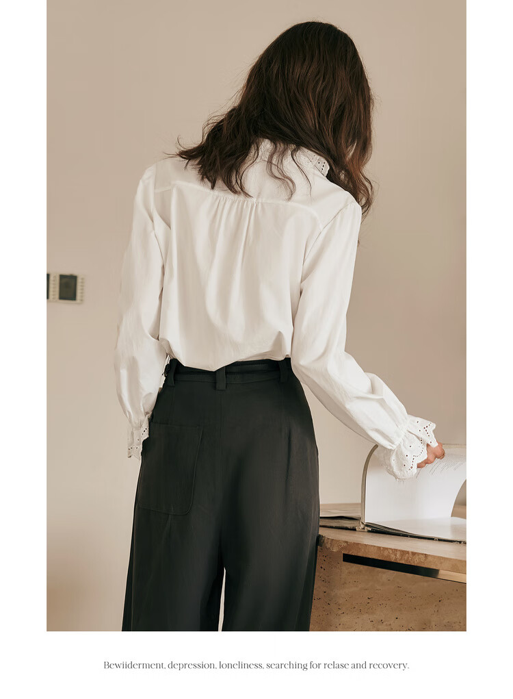 Olrain French Lace Shirt Women Autumn New Elegant Commuter Ruffled Collar Blouse Off-White S 11