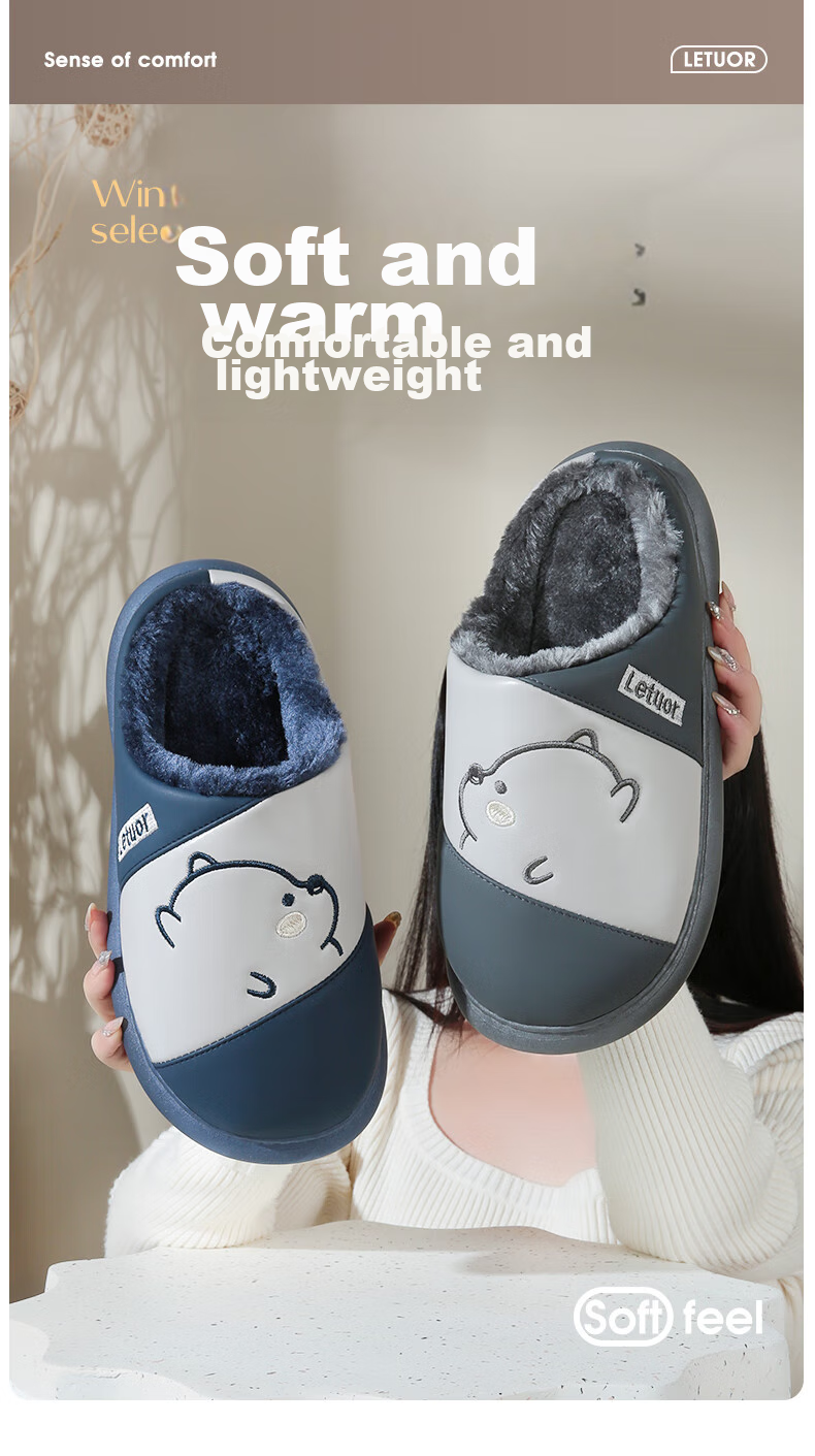 LETUO Side-Face Bear Cotton Slippers for Men, Autumn And Winter Waterproof Warm Thick-Soled Cotton Shoes, Couple's Home Slippers, Navy Blue Size 42-43 1