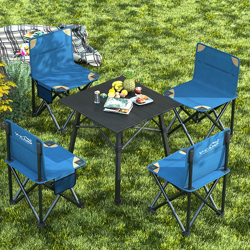 V-CAMP Outdoor Table And Chair Set, Foldable Aluminum Table for Barbecue, Picnic Table And Chairs, Balcony Stools, Portable Camping Table And Chairs, 4 Chairs 1 Table