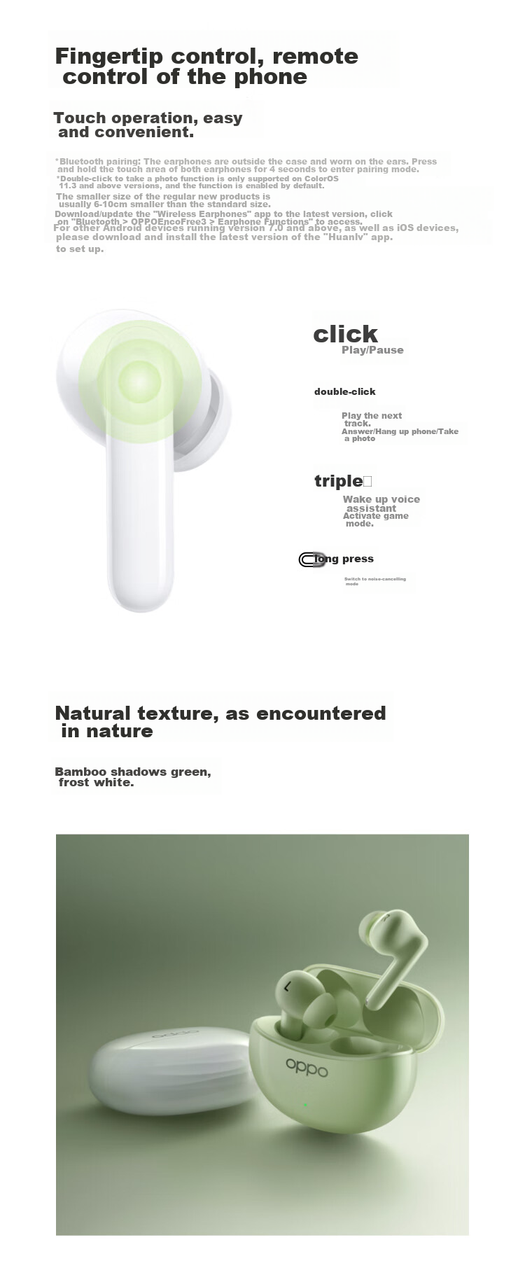 OPPO Enco Free3 True Wireless Active Noise-Cancelling Bluetooth In-Ear Headphones for Music, Sports, Gaming, And Running, Compatible with Apple, Huawei, Xiaomi Phones, Bamboo Gree 7