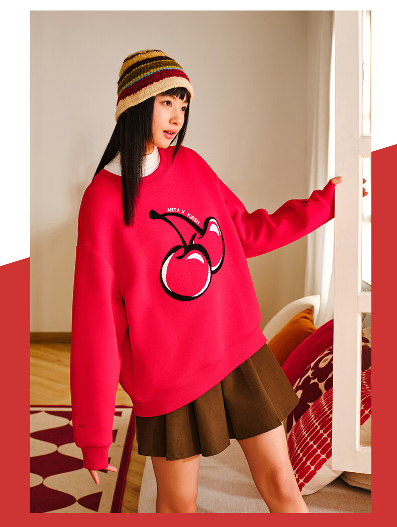 ANTA ×kirsh Collaboration | Cherry Round Neck Pullover Sweatshirt for Women, New Autumn Trendy Sports Top 8