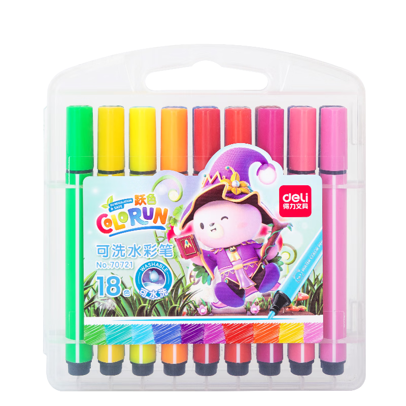 Deli 18-Color Washable Watercolor Markers, Easy-Grip Thick Triangular Design for Students And Children, Coloring Pens, Drawing Set, Stationery 70721 Watercolor Pens, Graduation Gift for Boys And Girls