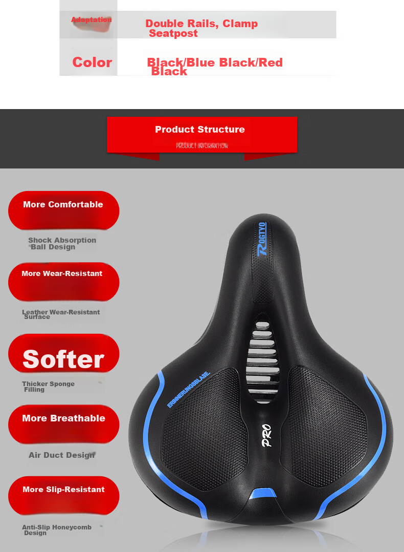 ROGTYO Bicycle Seat, Mountain Bike Saddle, Thickened Universal Seat Cushion, Bike Seat Accessory 8