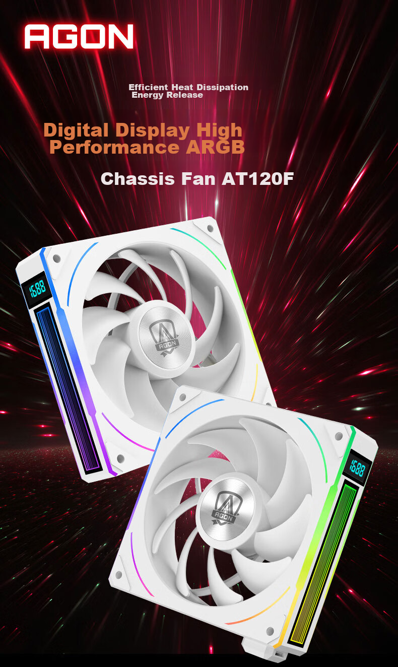 AOC AT120FW/93 White 12CM Desktop Case Cooling Fan with ARGB Lighting Sync, PWM Temperature Control, Dual Ball Bearings, Real-Time Speed Display 1