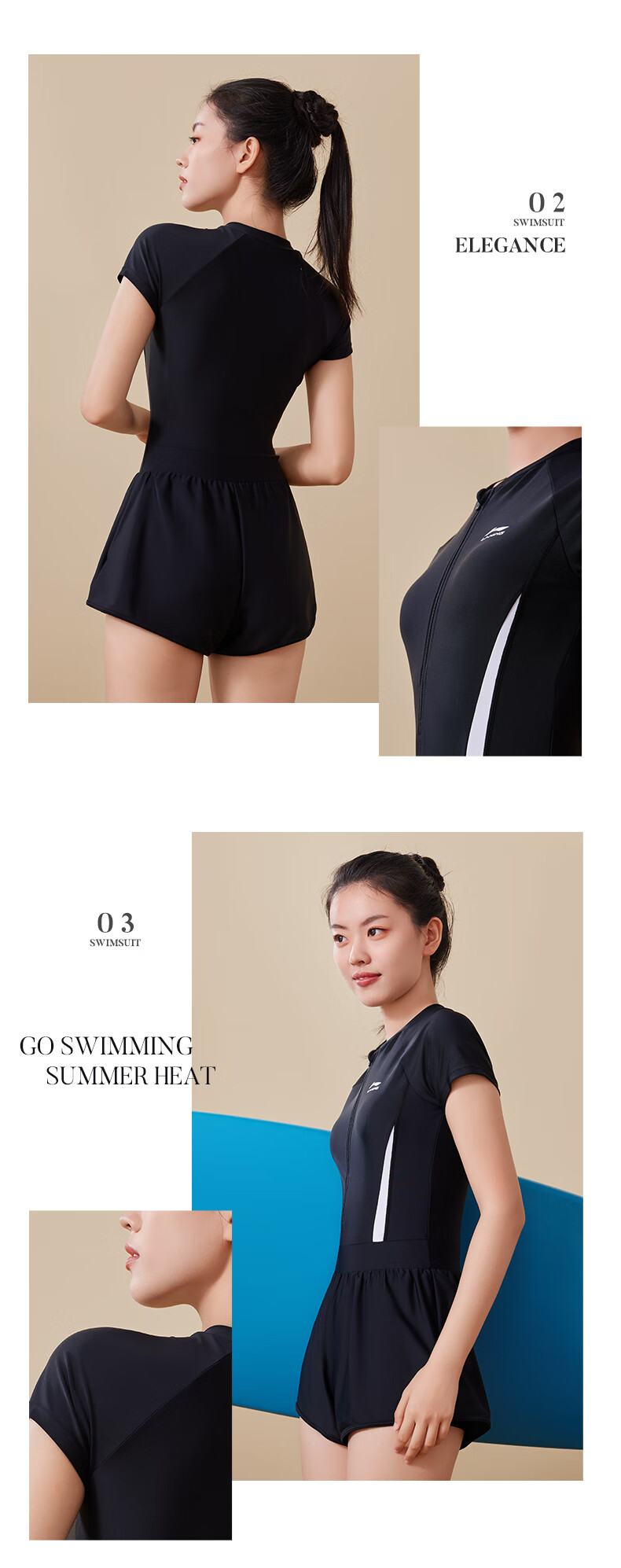 Li-Ning Women's One-Piece Two-In Swimsuit, Conservative Swimwear, Body-Covering, Hot Spring Swimming Gear, 5081 Black And White, XXL 15