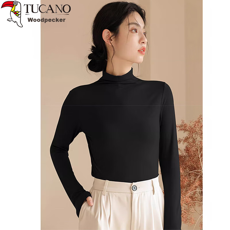 TUCANO Semi-Turtleneck Base Layer for Women, Autumn And Winter Layering Long-Sleeve Stylish Inner Wear, Tight-Fitting Versatile Top, Black, 2XL