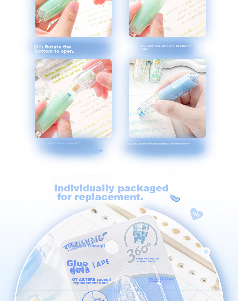 Sannianerban 5-Pack Retractable Dot Glue Pen, Children's Stylish High-Capacity Double-Sided Adhesive, Replaceable Core, Invisible Glue Pen Refill, Round Dots, Simple Style in 5 Colors 16