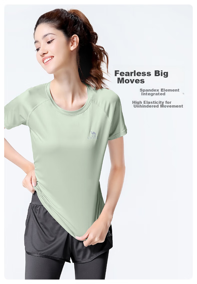 CAMEL Women's Sportswear Set, New Yoga Fitness Pilates Elastic Short-Sleeve Top And Long Pants, Anti-Exposure Two-Piece Athletic Outfit 5