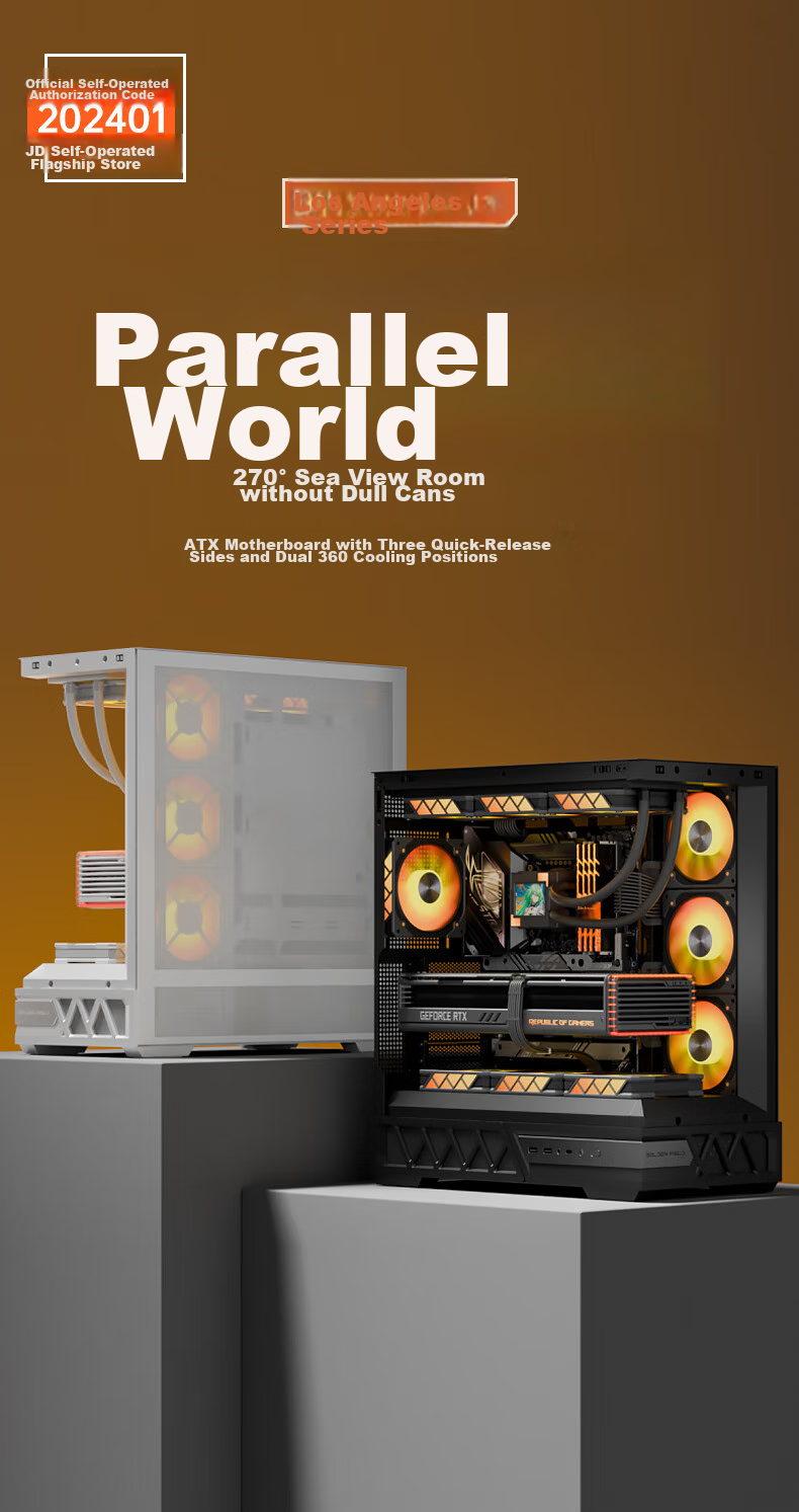 Golden Field Parallel World Black Gaming Computer Desktop Case Compatible with Dual 360mm Water Cooling ATX Motherboard Three-Sided Quick Release Supports Back Mounting 270° Panoramic View 2