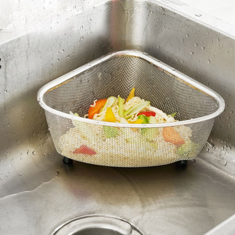 Quanshi Stainless Steel Sink Strainer, Triangular Draining Mesh, Draining Rack, Leftover Food Organizer, Kitchen Storage Shelf, Cleaning Cloth Holder
