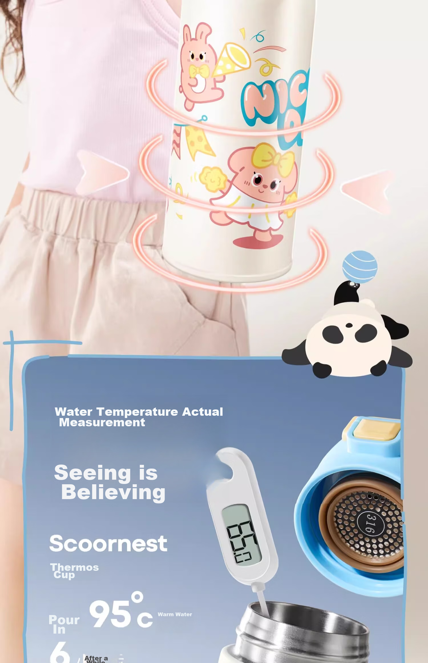 Scoornest Children's Insulated Cup with Straw, Direct Drinking Water Bottle, 316 Stainless Steel, for Primary School Students, Toddlers, Kindergarten Water Bottle - Panda Blue 8