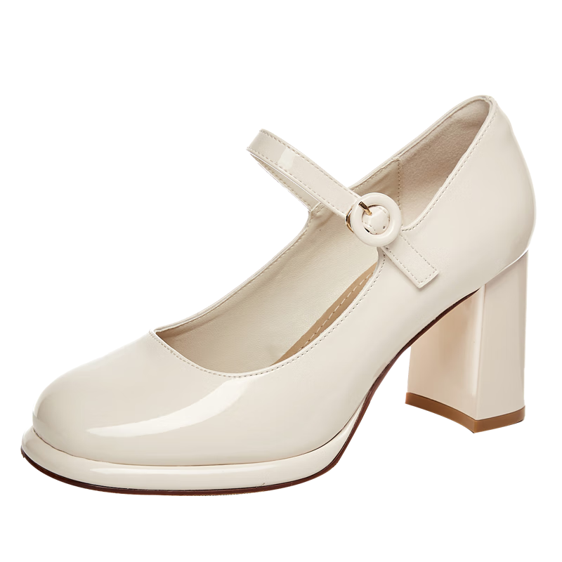 DAPHNE French Chunky Heel Mary Jane Women's Shoes, Square Toe Elegant High Heels with Ankle Strap, Single Shoes 4623101161, Beige, Size 37