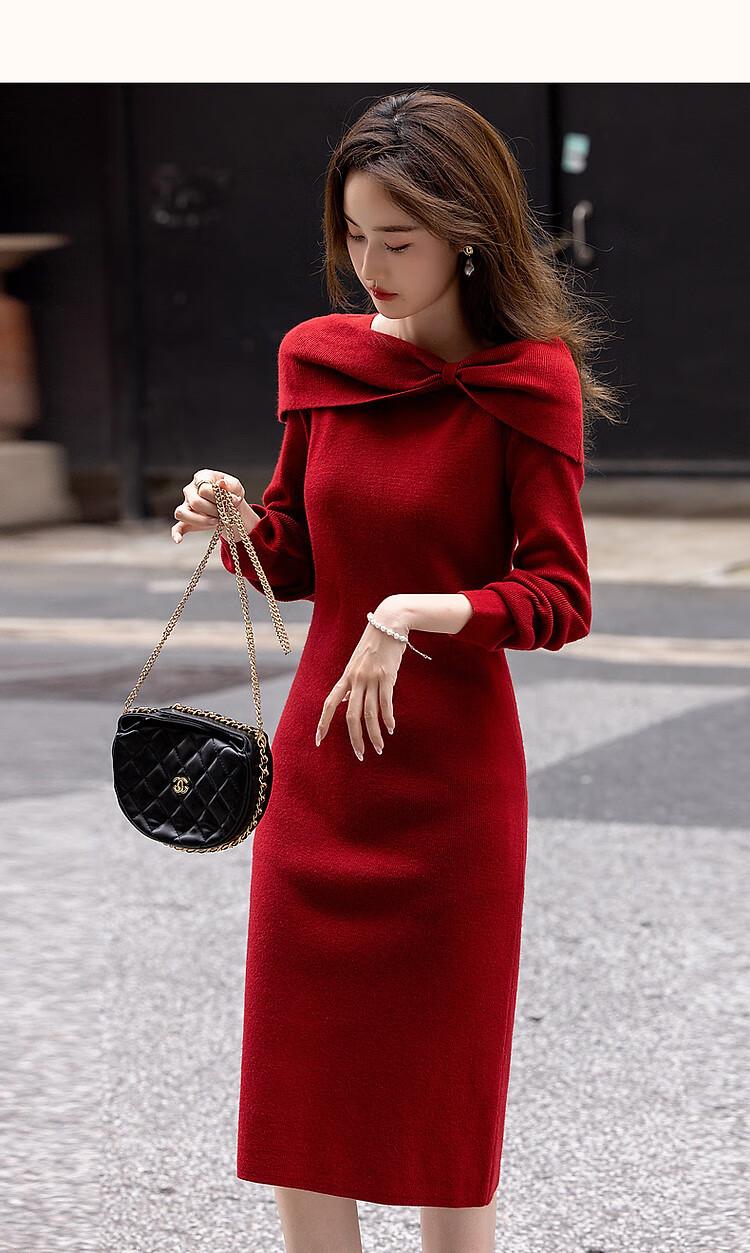 DME French Style Intellectual Lady Butterfly One-Shoulder Knitted Midi Dress for Autumn and Winter 7