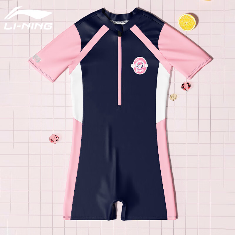 Li-Ning Children's Swimsuit, One-Piece Boyleg Swimwear for Girls, Comfortable And Breathable, Suitable for Beach And Hot Springs, Style 717, Navy Blue, Size 150