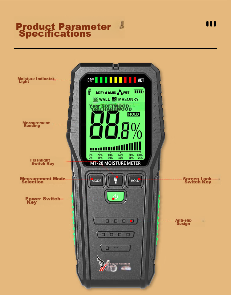 YHT Color Screen Sensor Moisture Meter MT28C for Furniture, Wood, Floor, Wall Moisture Content And Humidity Testing Instrument 34
