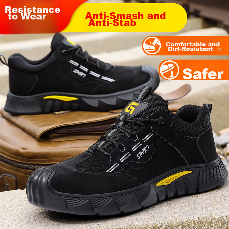 JUNBU Safety Shoes for Men, Steel Toe Cap, Anti-Smashing, Puncture-Resistant, Lightweight, Comfortable, Wear-Resistant, Construction Site Safety Work Shoes 0266BK Size 44