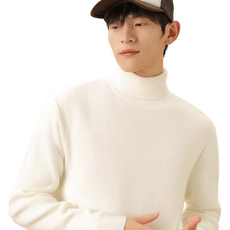 MINISO Men's Fleece Lined Sweater Autumn Winter Warm High Neck Knitted Pullover Thickened Base Shirt White L