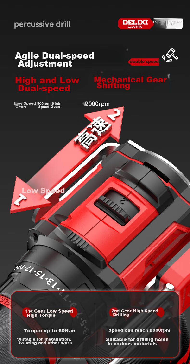 DELIXI ELECTRIC Electric Drill, Lithium Battery Drill, Electric Screwdriver, Household Rechargeable Hand Drill, Electric Screwdriver, Impact Drill, 4.0 Dual-Speed 9